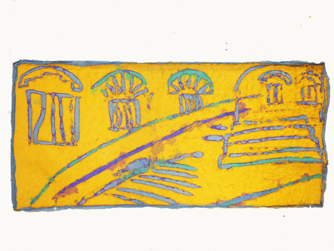 San Niccolo, III, Poured, incised-pulp paper painting, 16" x 34", 2019